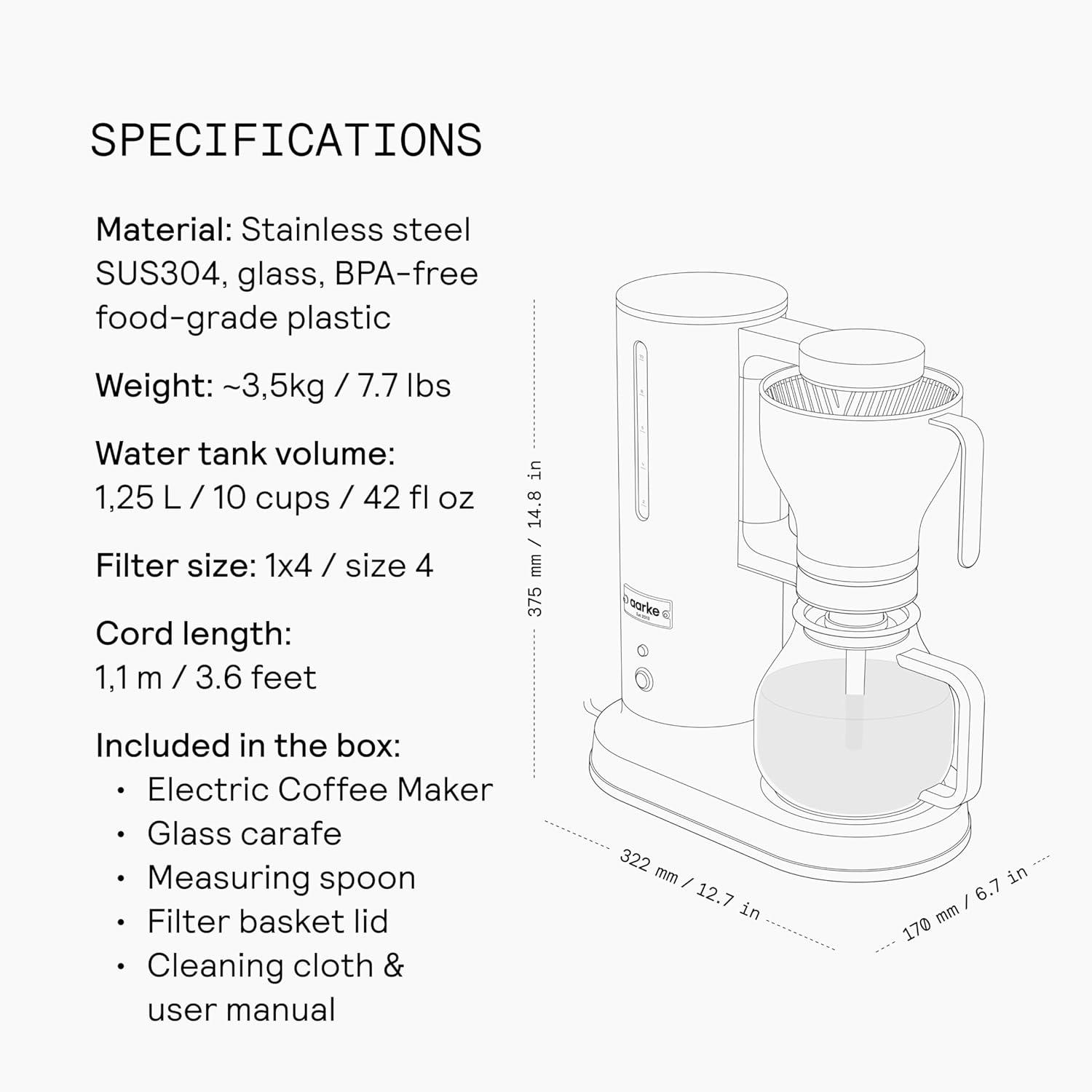 image:imageAarke Coffee Maker Electric 10 Cup 42 fl oz Drip Brewer with Automatic DripStop Glass Carafe Brews Full Pot in Under 6 Minutes SCA Certified Stainless SteelStainless Steel