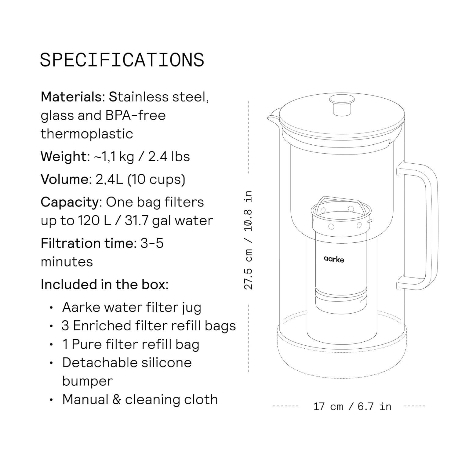 image:imageAarke Purifier Glass Water Pitcher Refillable Stainless Steel Filter 8Weeks Performance BPAFree Dishwasher Safe Pure amp Enriched Refill Granules 118L 5 Cups Capacity5 Cups 118L Enriched Bundle