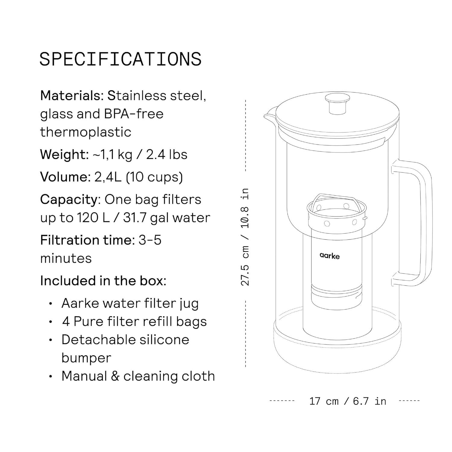 image:imageAarke Purifier Glass Water Pitcher Refillable Stainless Steel Filter 8Weeks Performance BPAFree Dishwasher Safe Pure amp Enriched Refill Granules 118L 5 Cups Capacity5 Cups 118L Pure Bundle