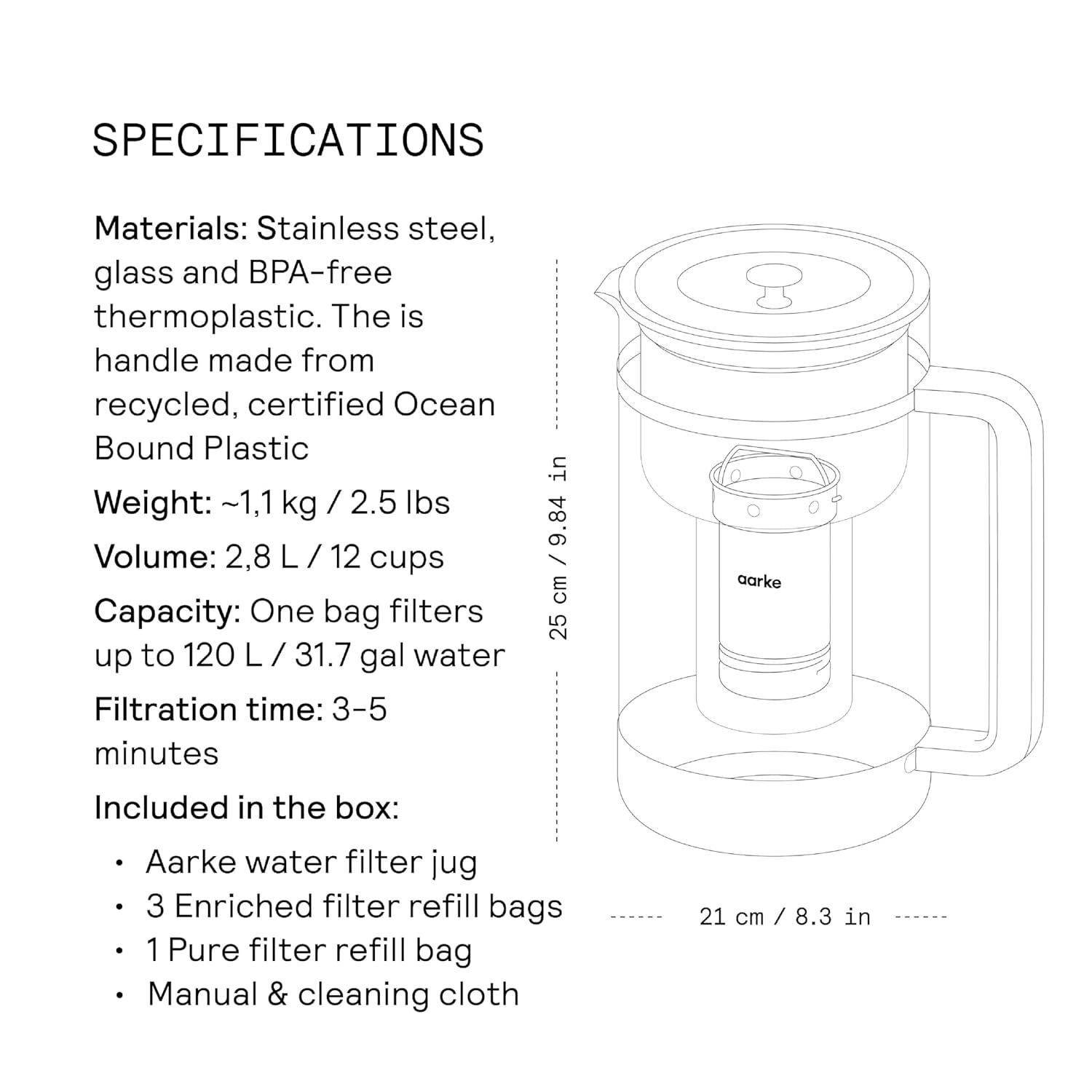 image:imageAarke Purifier Glass Water Pitcher Refillable Stainless Steel Filter 8Weeks Performance BPAFree Dishwasher Safe Pure amp Enriched Refill Granules 118L 5 Cups Capacity7 Cups 166L Enriched Bundle