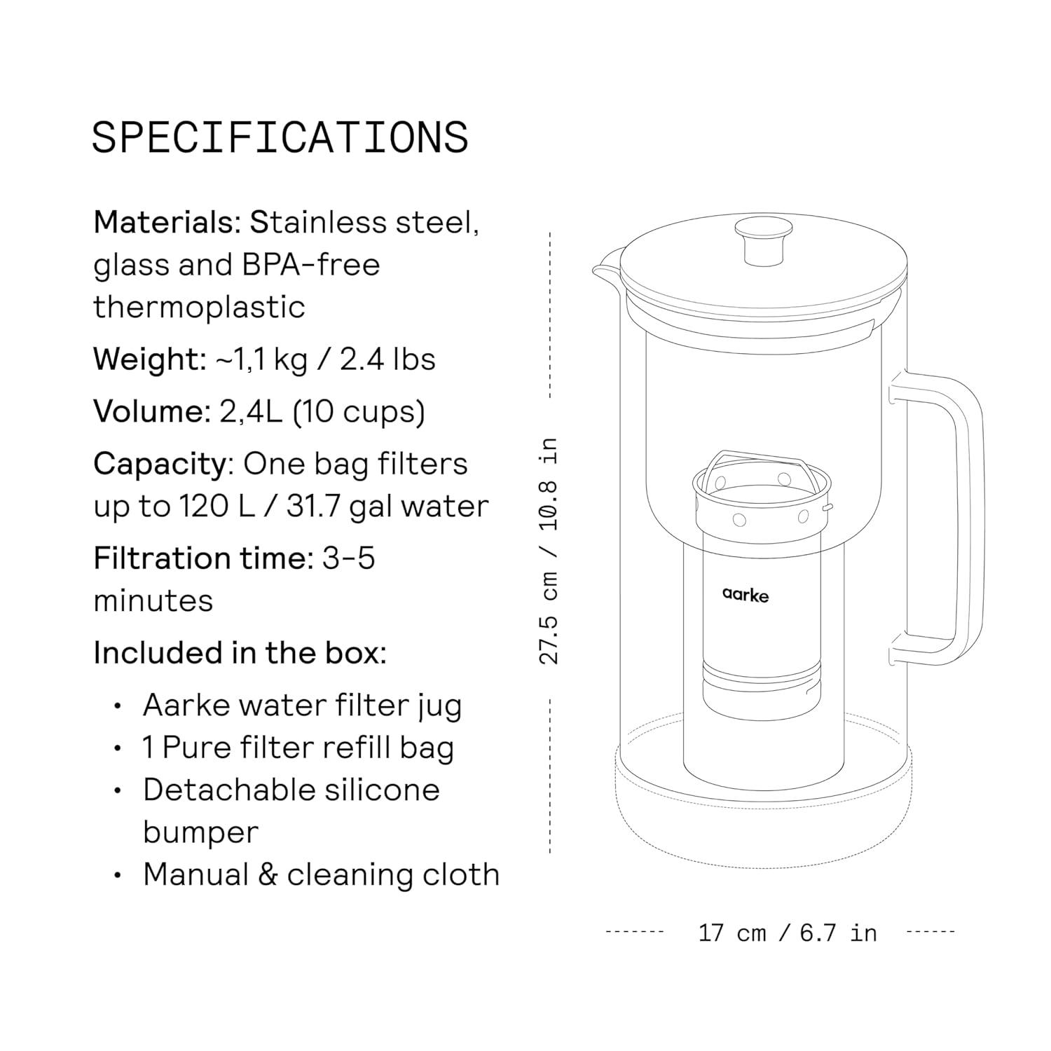 image:imageAarke Purifier Glass Water Pitcher Refillable Stainless Steel Filter 8Weeks Performance BPAFree Dishwasher Safe Pure amp Enriched Refill Granules 118L 5 Cups Capacity5 Cups 118L Standard