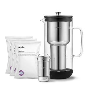 Aarke Purifier Glass Water Pitcher, Refillable Stainless Steel Filter, 8-Weeks Performance, BPA-Free, Dishwasher Safe, Pure & Enriched Refill Granules, 1.18L (5 Cups) Capacity(5 Cups / 1.18L – Enriched Bundle)