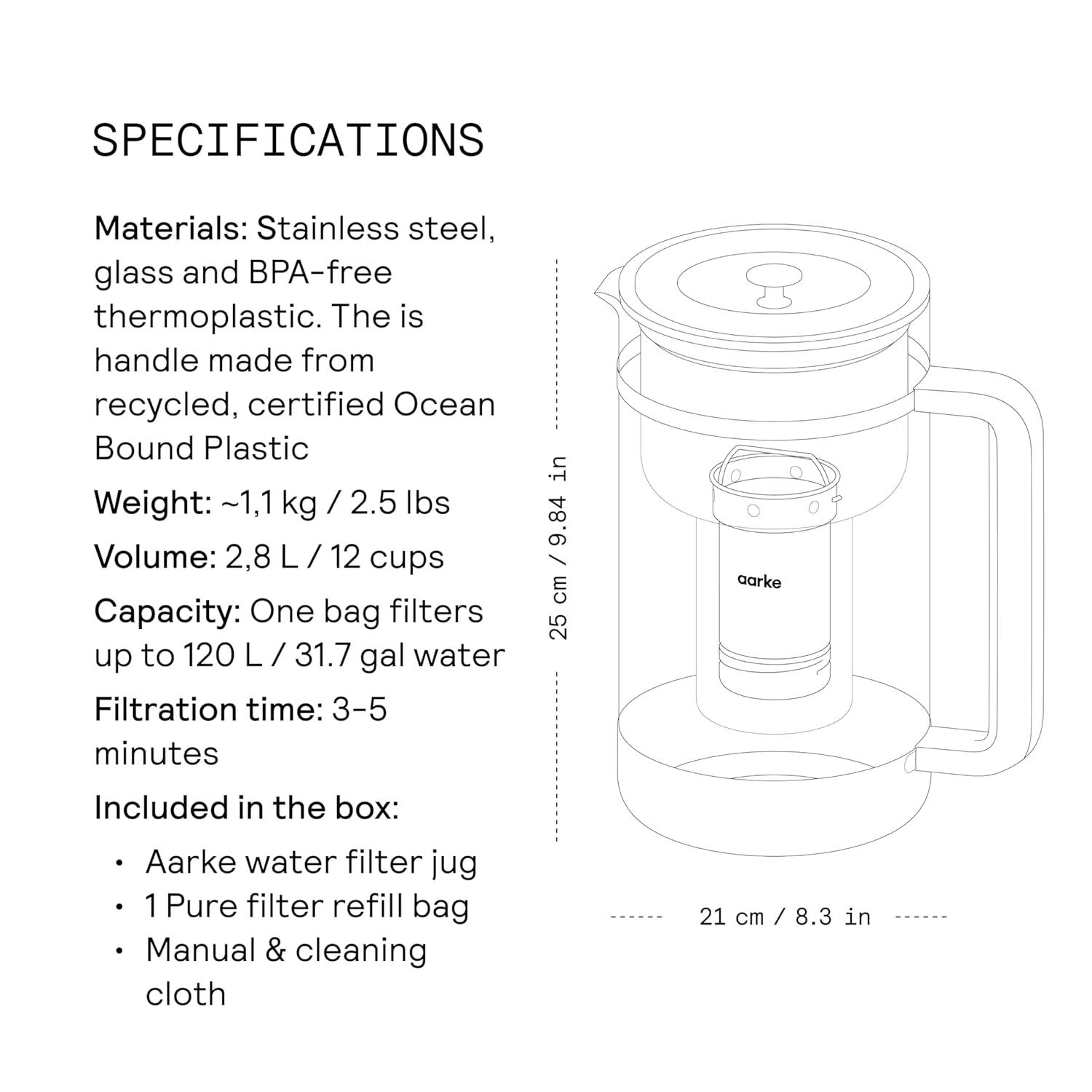 image:imageAarke Purifier Regular 118L Glass Pitcher Bundle wSteel Filter BPAFree 3 Enriched 1 Pure Granules Filters amp Adds Minerals7 Cups 166L Standard