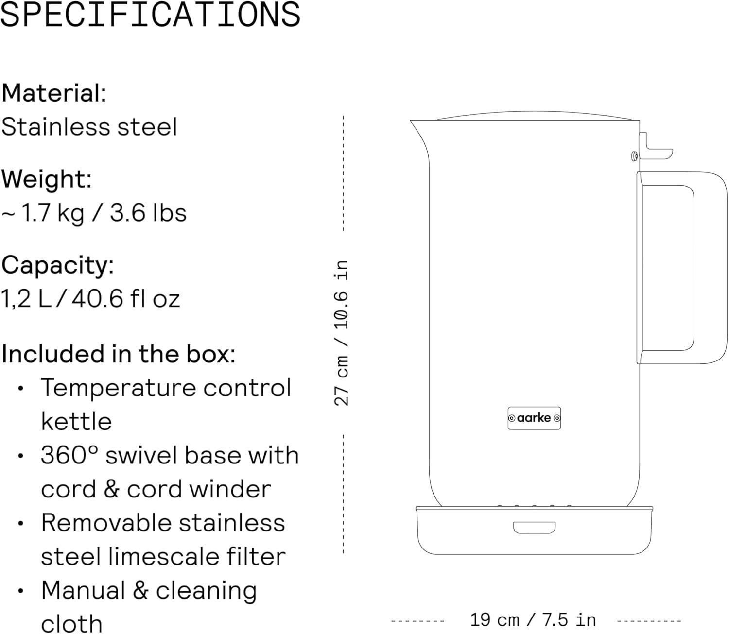 image:imageAarke Stainless Steel Kettle Perfect for Coffee and Tea Maker Enthusiasts NonDrip Spout DoubleWall Construction Dry Boil Protection HeatSafe Handle LED CoolDown Indicator 12L SteelSteel