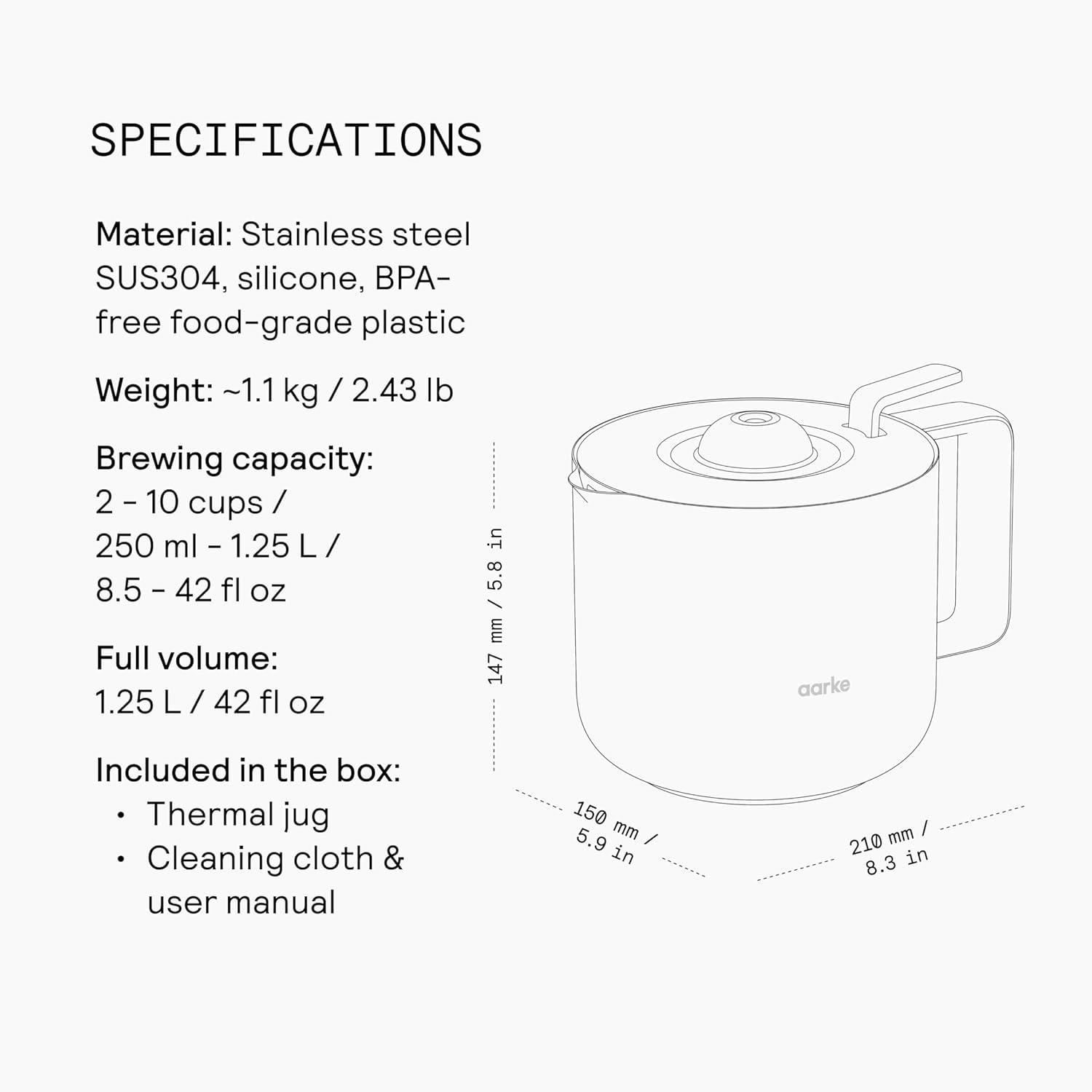 image:imageaarke Thermal Jug Premium DoubleWall Vacuum Insulated Stainless Steel Coffee Carafe with PushandPour Lid 10 Cup Capacity Seamless Integration Coffee MakerStainless